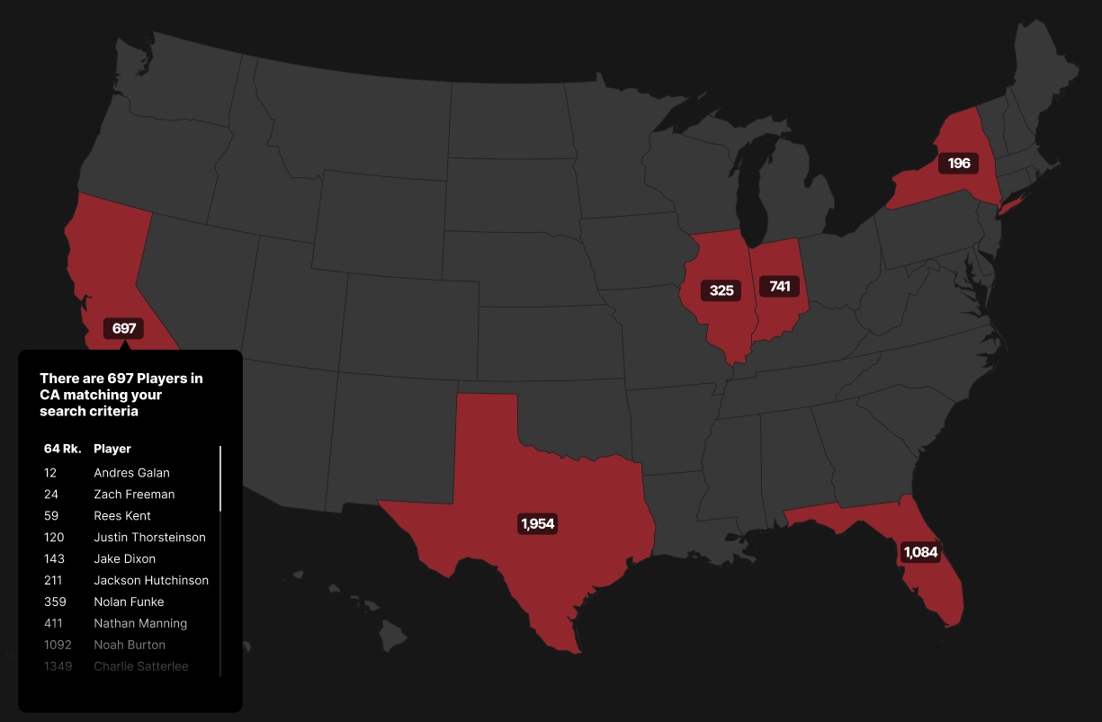 Map search functionality showing top players in the selected state in the US